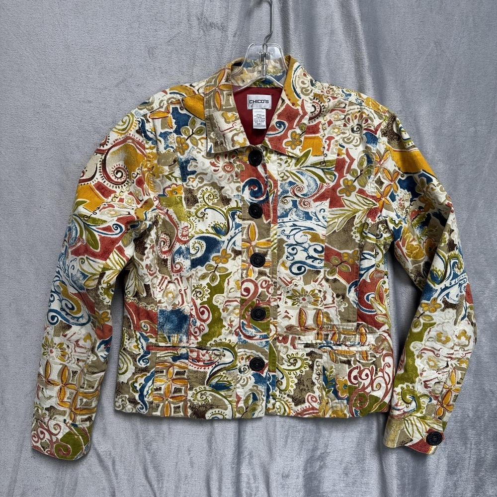 Chico's Jacket Womens 1 Multicolor Paisley Floral Print Button Front Lined Boho
